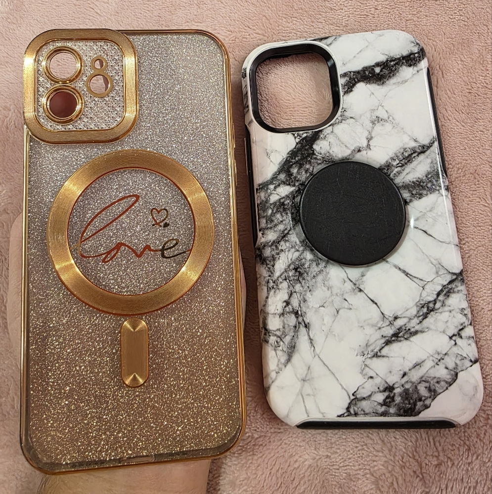 iPhone 12 Phone Case Ombre Rose Gold/silver & Otterbox Black & white Marble